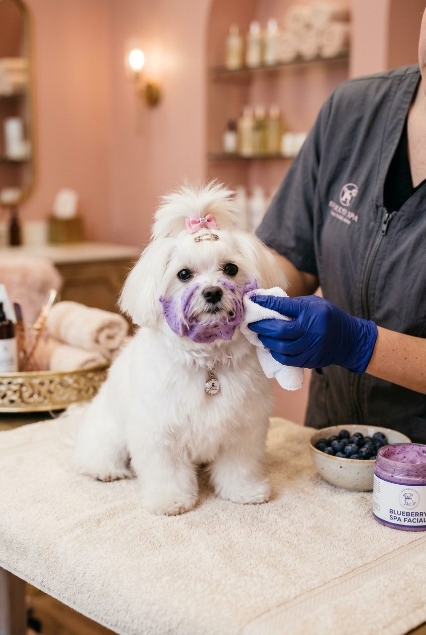 White fluffy dog having a blueberry facial