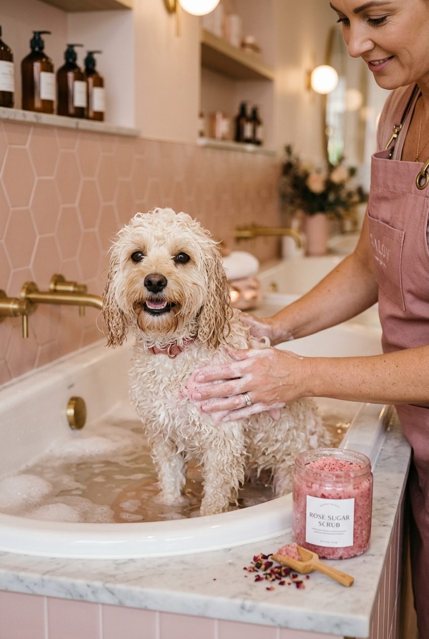 Doodle in the bath having an exfoliating scrub